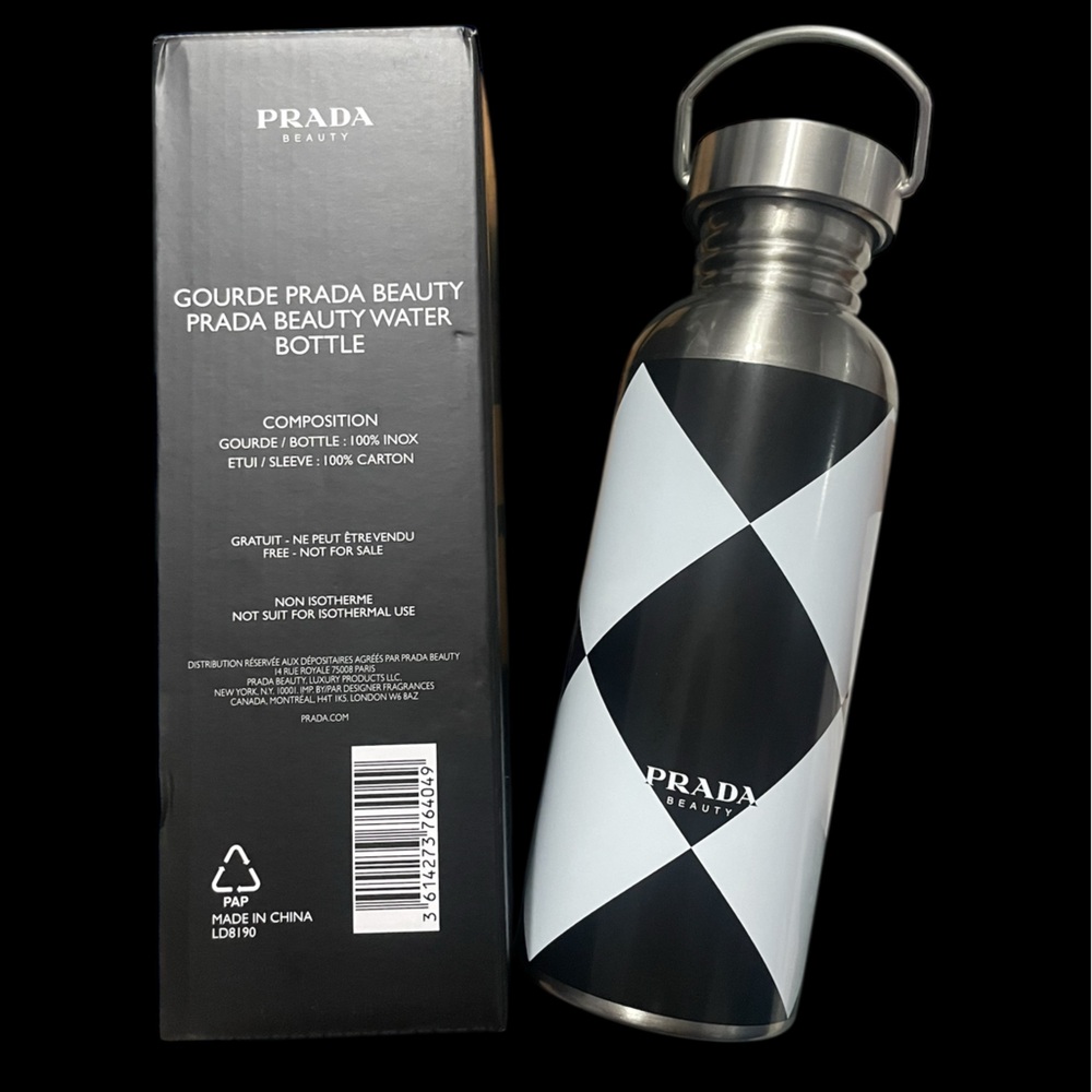 New in Box Prada Beauty GWP Aluminum Water Bottle w/ Screw on Top & Carry Handle
